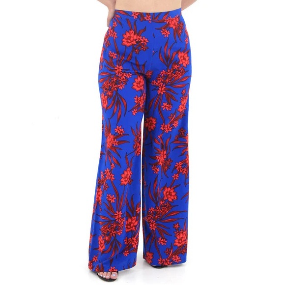 John Zack Blue and Red Floral Wide Leg Pants - Picture 1 of 3